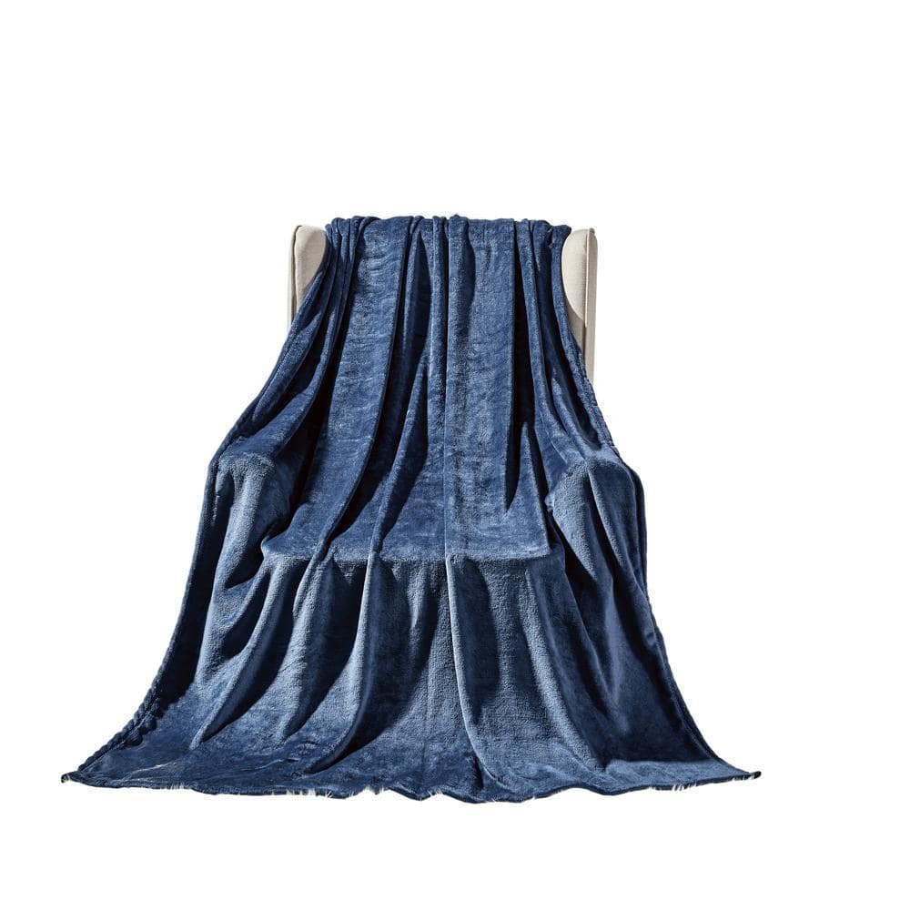 Noble House - Plazatex Microplush and Microfiber All Season Hydrophobic Polyester Solid Throw Blanket 50" x 60", Navy - Grey