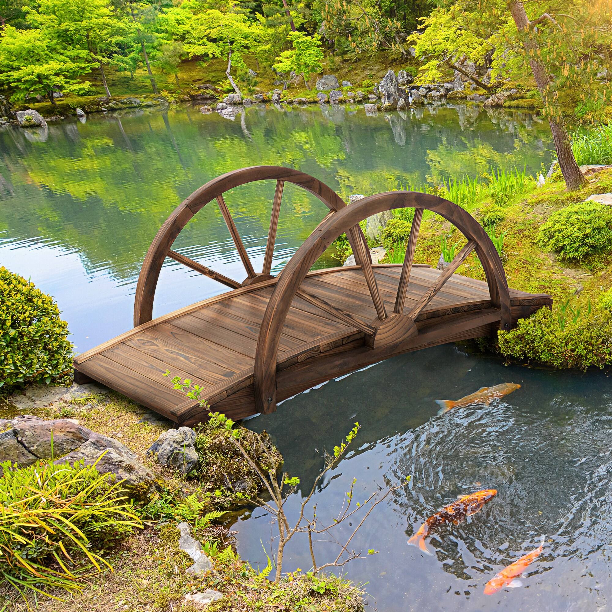 Alt View 1. Outsunny - Wooden Garden Bridge Arc Footbridge with Half-Wheel Style Railings & Solid Fir Construction - Stained Wood Color.