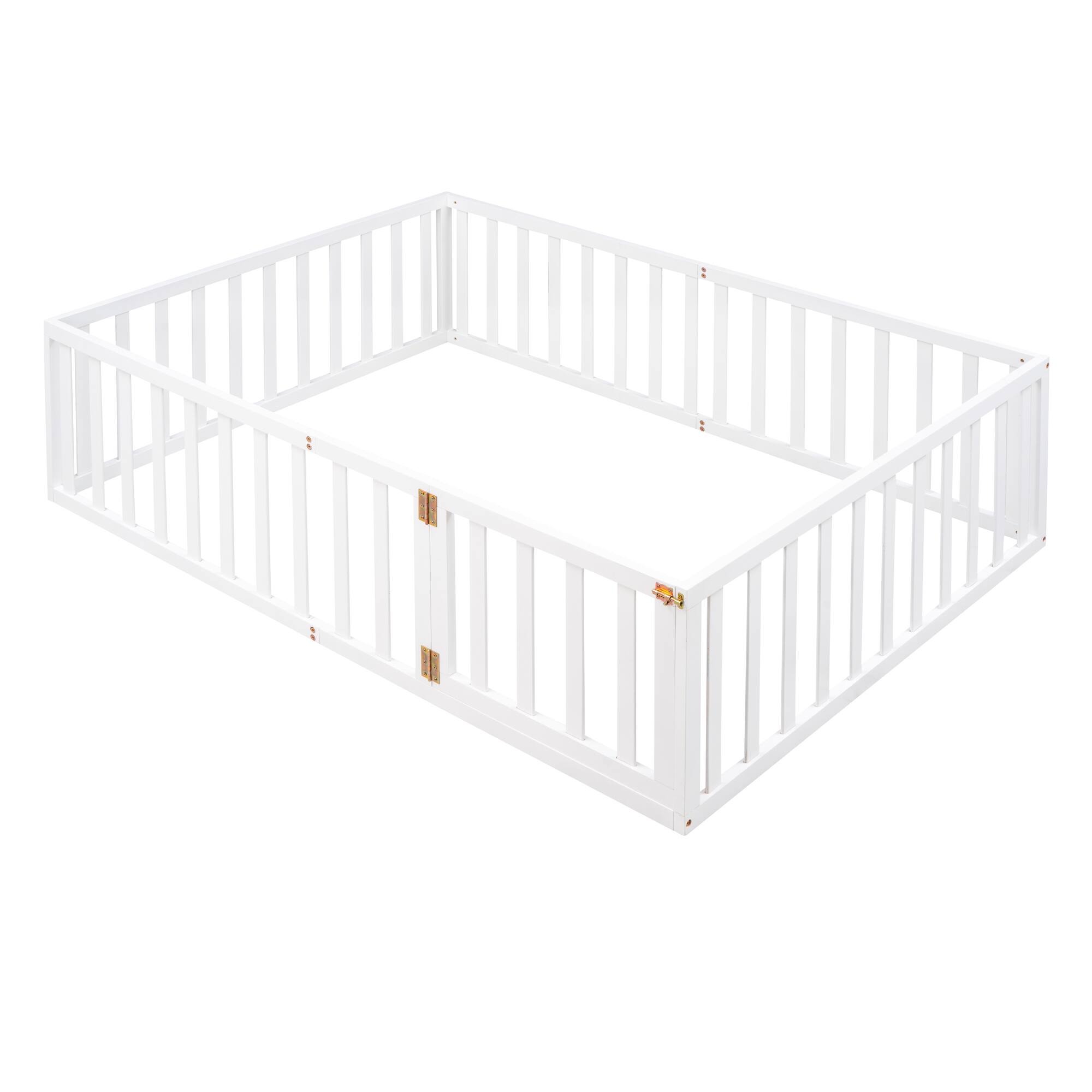 Alt View 1. Whisen - Wood Daybed Frame, Montessori Floor Bed with Fence and Door - White.