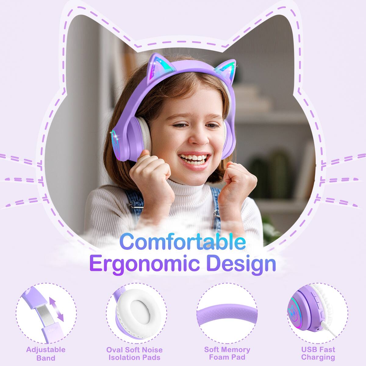 Comfortable Ergonomic Design

- Adjustable Band
- Oval Soft Noise Isolation Pads
- Soft Memory Foam Pad
- USB Fast Charging
