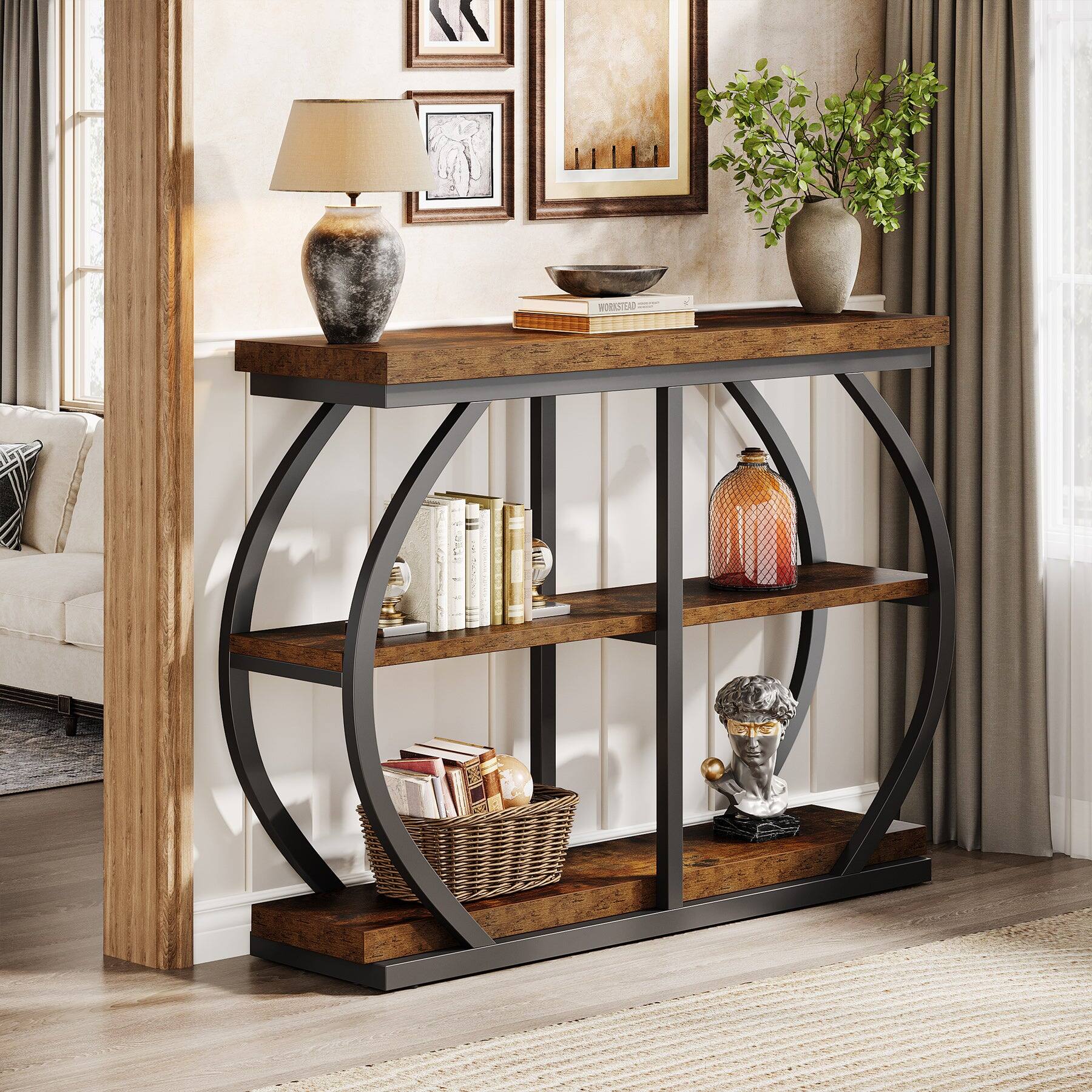 Alt View 2. Tribesigns - Console Table with Metal Frame, Storage Shelves, Space-Saving Design and Rectangular Top for Entryway - Brown.