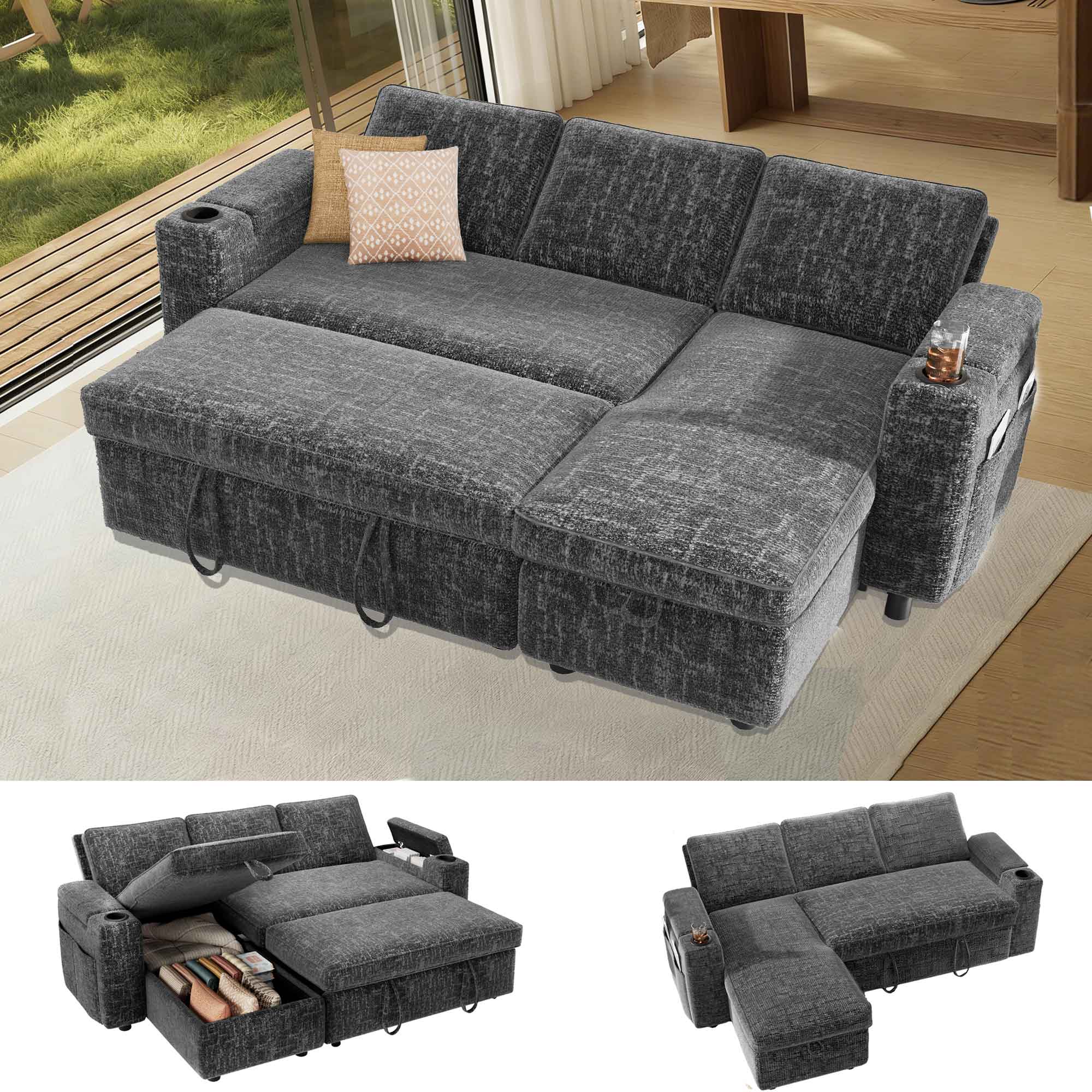 Front. Dyonery - Dyonery 82" Sleeper Sofa Bed, 3-in-1 L-Shaped Reclining Couch with Reversible Storage Chaise, Tool-Free Assembly, Grey - Gray.