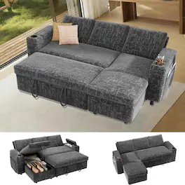Dyonery - 82" Sleeper Sofa Bed, 3-in-1 L-Shaped Reclining Couch with Reversible Storage Chaise, Tool-Free Assembly, Grey - Gray