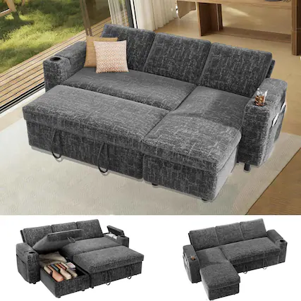 Front. Dyonery - Dyonery 82" Sleeper Sofa Bed, 3-in-1 L-Shaped Reclining Couch with Reversible Storage Chaise, Tool-Free Assembly, Grey - Gray.