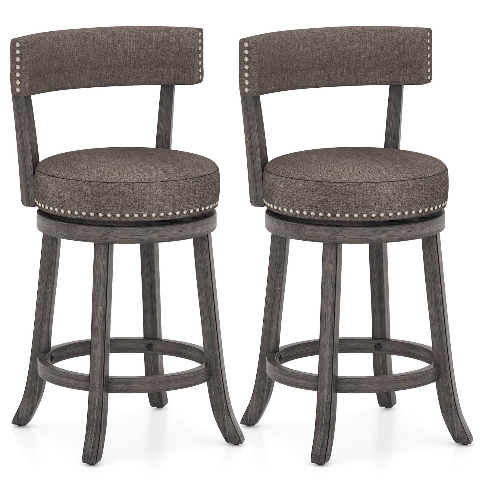Gymax - 26'' Counter Height Chairs Set of 2 w/ 360° Swivel Seat Back & Cushioned Seat - Gray
