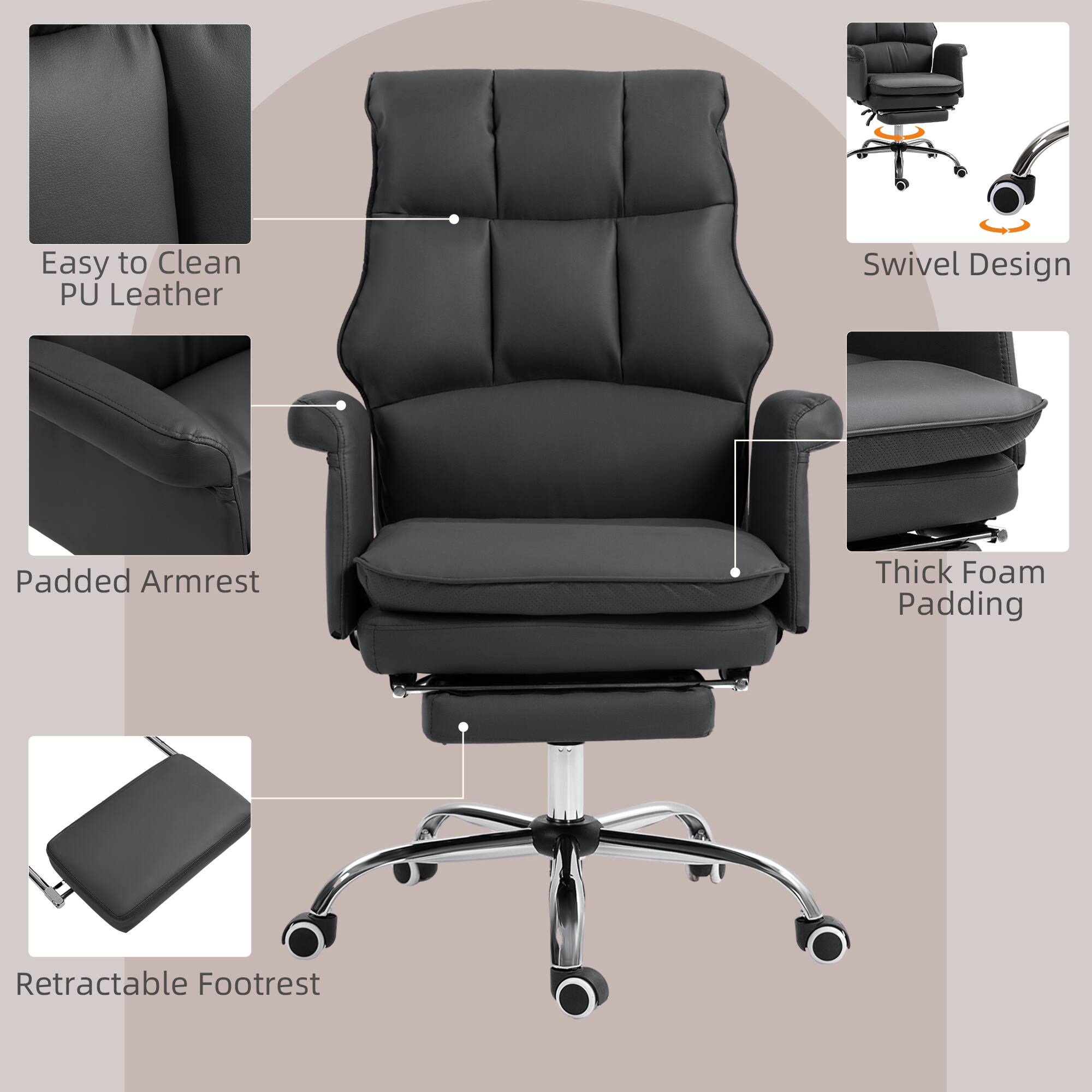 Easy to Clean PU Leather, Padded Armrest, Thick Foam Padding, Retractable Footrest, Swivel Design