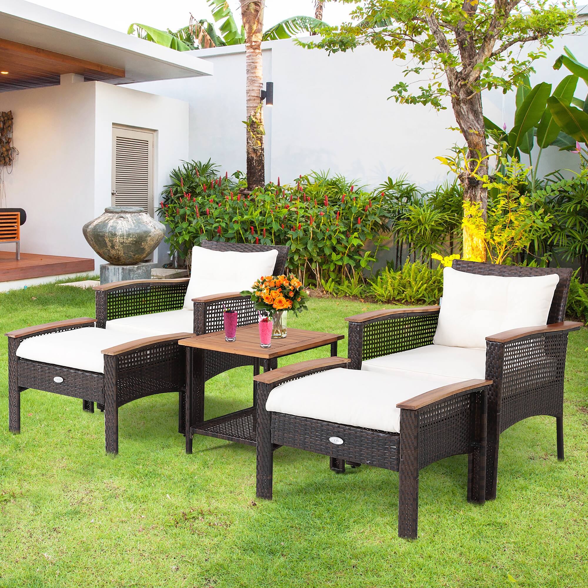 Alt View 1. Costway - Costway 5PCS Patio Rattan Furniture Set Acacia Wood Table Armrest Cushion Yard - Mix Brown,Off White.