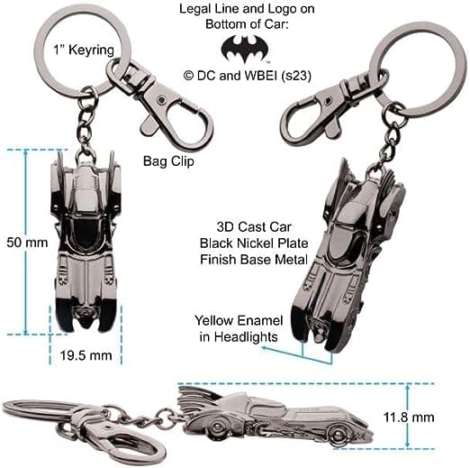 Legal Line and Logo on Bottom of Car:
1" Keyring
DC and WBEI (s23)
Bag Clip
50 mm
3D Cast Car Black Nickel Plate Finish Base Metal
19.5 mm
Yellow Enamel in Headlights
11.8 mm
