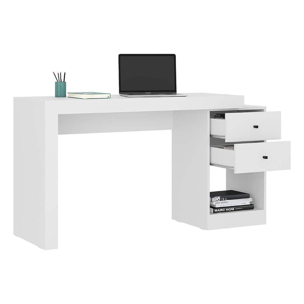 FurniFact - Desk with Storage, Office Desk with 2 Drawers - White
