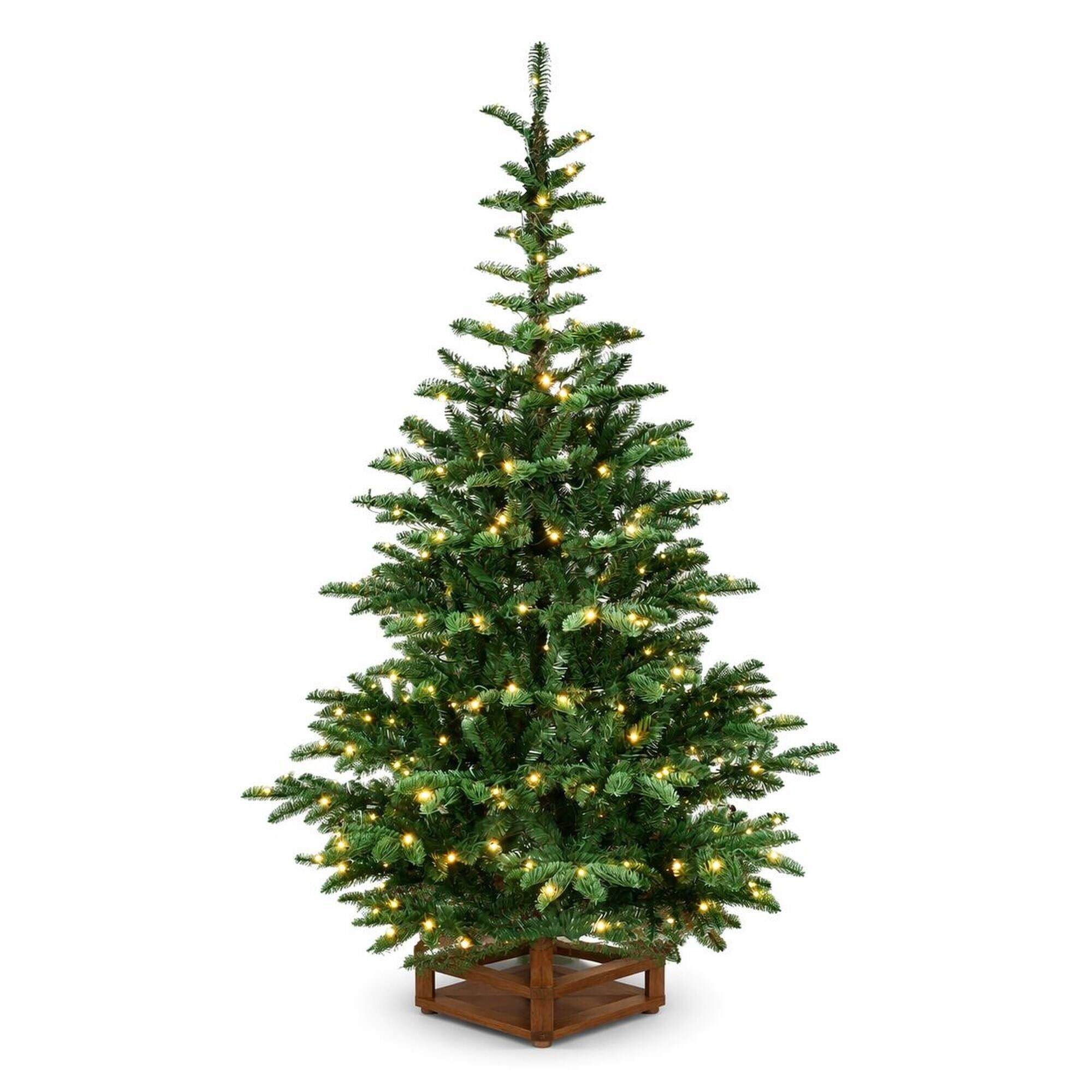 Front. RYHNUYNE - 7FT Pre-Lit Christmas Tree, 400 Warm White LED Lights 941 PE+PVC Tips Realistic Layered Look Unique Wooden Base - Green.