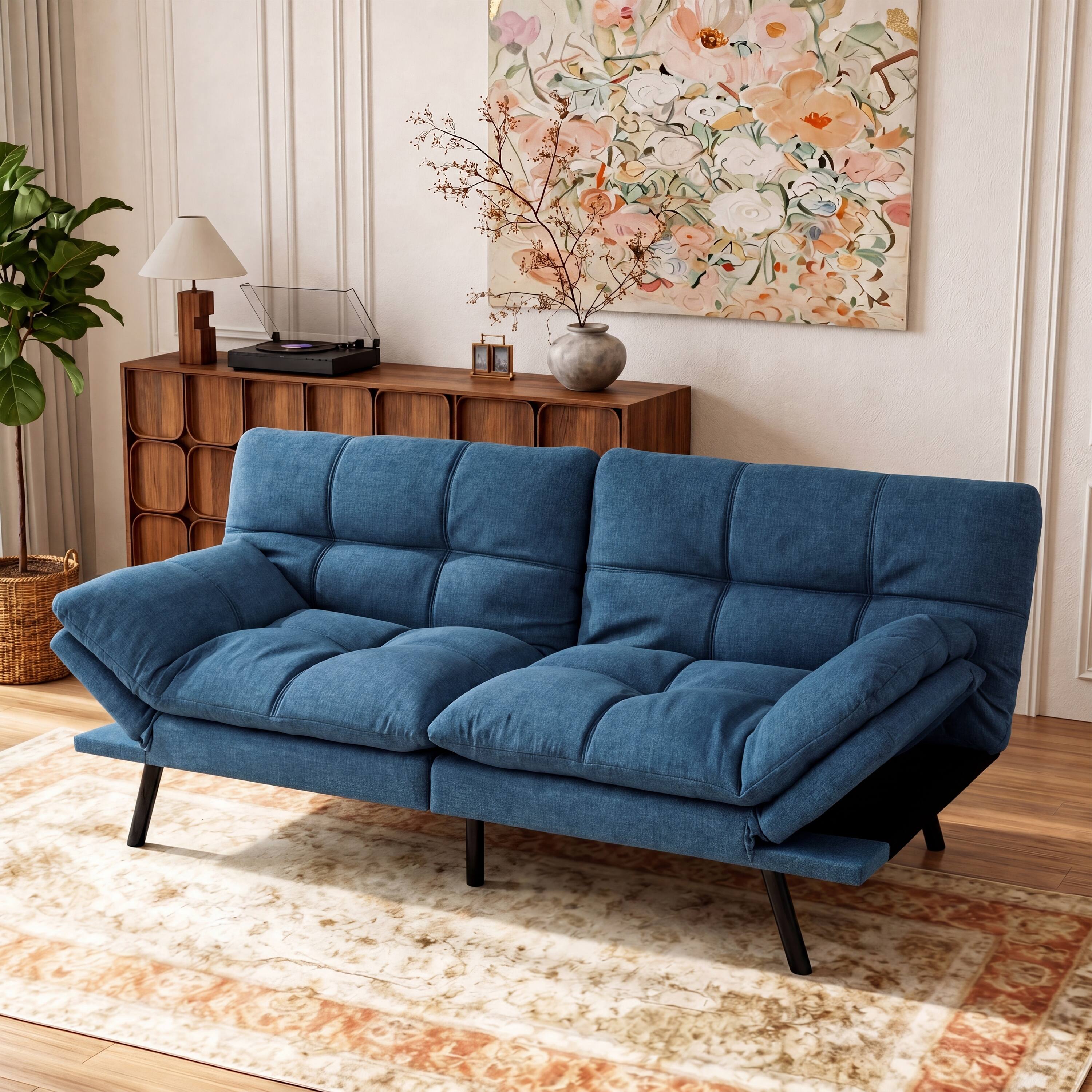 Front. Vipbear - Vipbear Futon Sofa Bed, 71" Convertible Memory Foam Grey Couch with Adjustable Backrest and Armrest, for Offices - Blue.