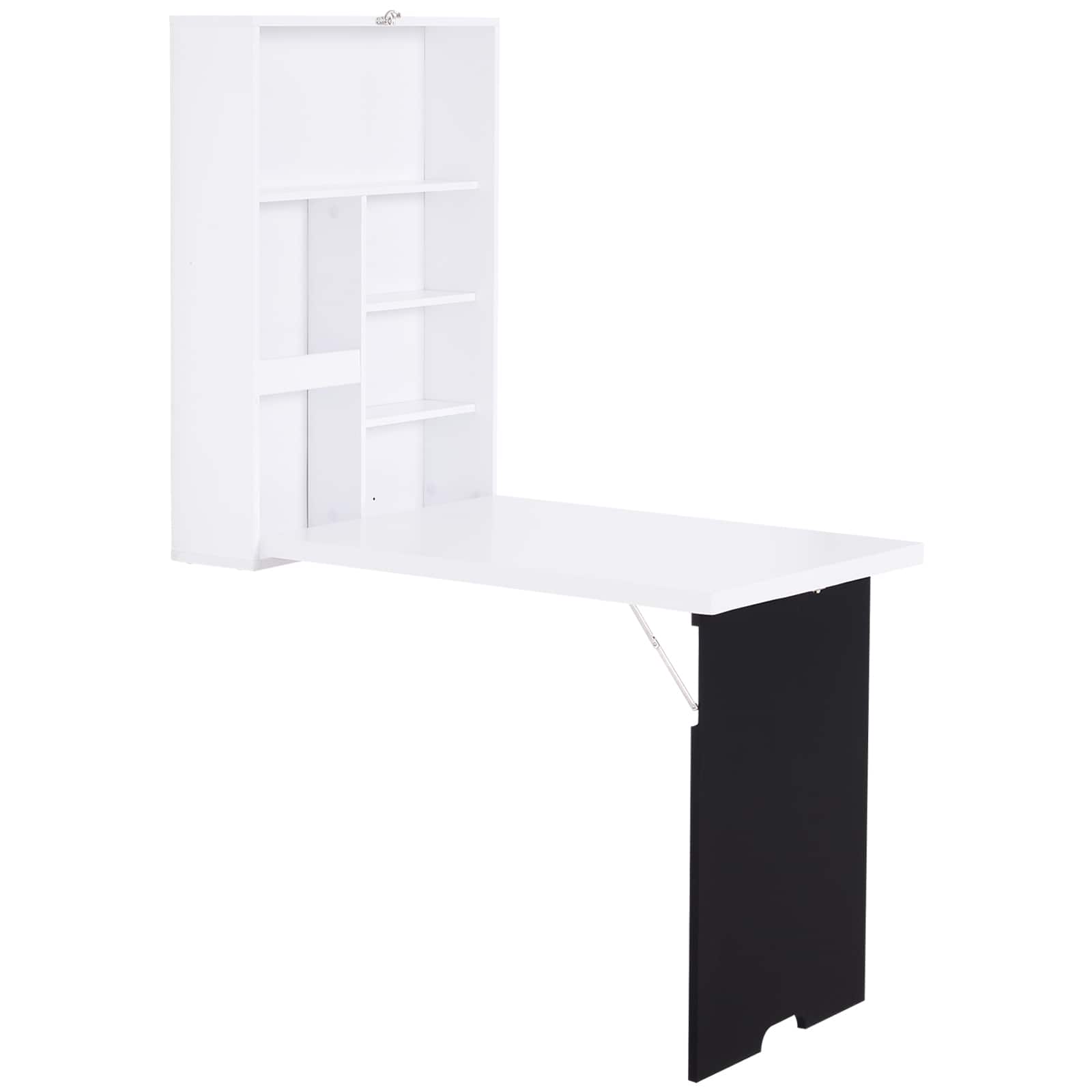 Homcom - Wall Mounted Foldable Desk with a Blackboard, Fold Out Convertible Floating Desk with Shelves - White and Black