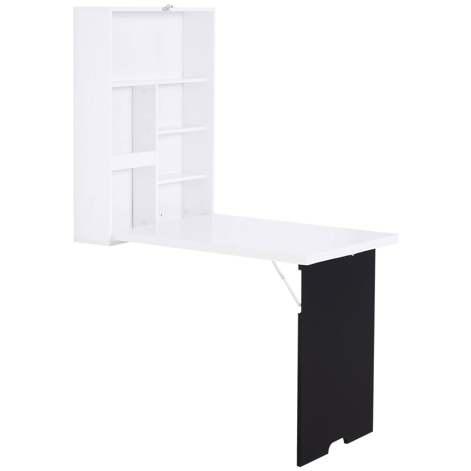 Front. Homcom - Wall Mounted Foldable Desk with a Blackboard, Fold Out Convertible Floating Desk with Shelves - White and Black.