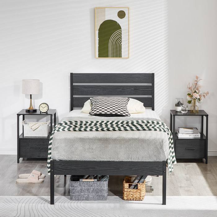 Angle. SlickBlue - Platform Bed Frame with Industrial Design and Wood Slatted Headboard - Black.