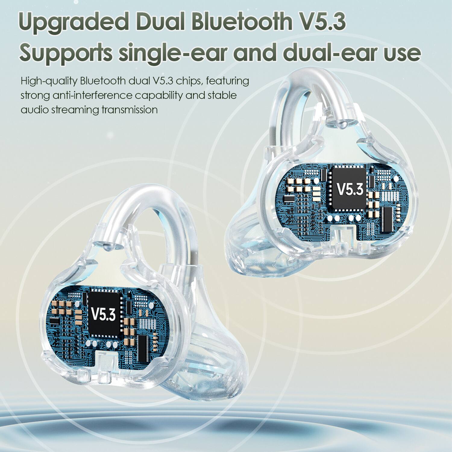 Upgraded Dual Bluetooth V5.3  
Supports single-ear and dual-ear use  

High-quality Bluetooth dual V5.3 chips, featuring strong anti-interference capability and stable audio streaming transmission