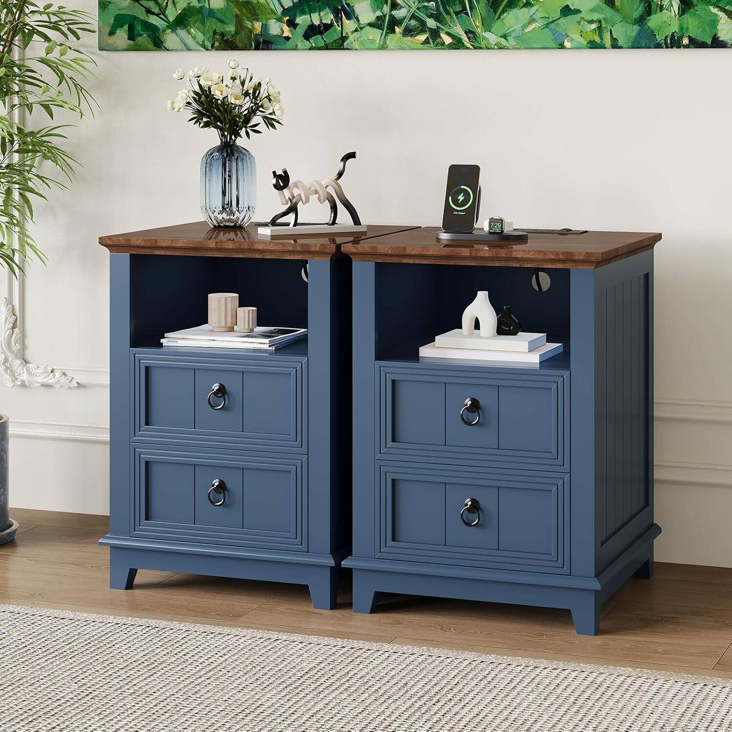 Left. GARVEE - 18" Wood Nightstand with USB Charging Station, Modern Fluted Night Stand, 2 Drawer Filing Cabinet with Shelf,Blue 1pcs - Blue.