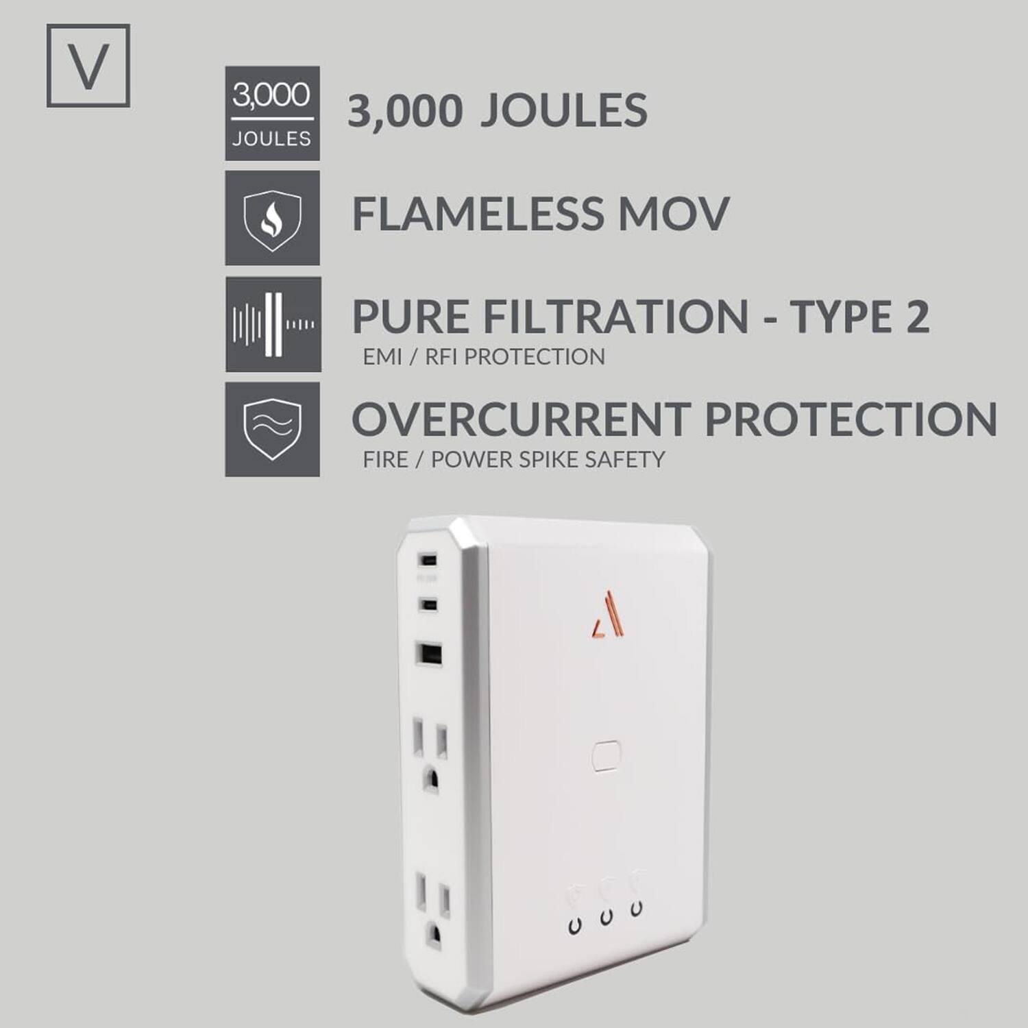 3,000 JOULES  
FLAMELESS MOV  
PURE FILTRATION - TYPE 2  
EMI / RFI PROTECTION  
OVERCURRENT PROTECTION  
FIRE / POWER SPIKE SAFETY