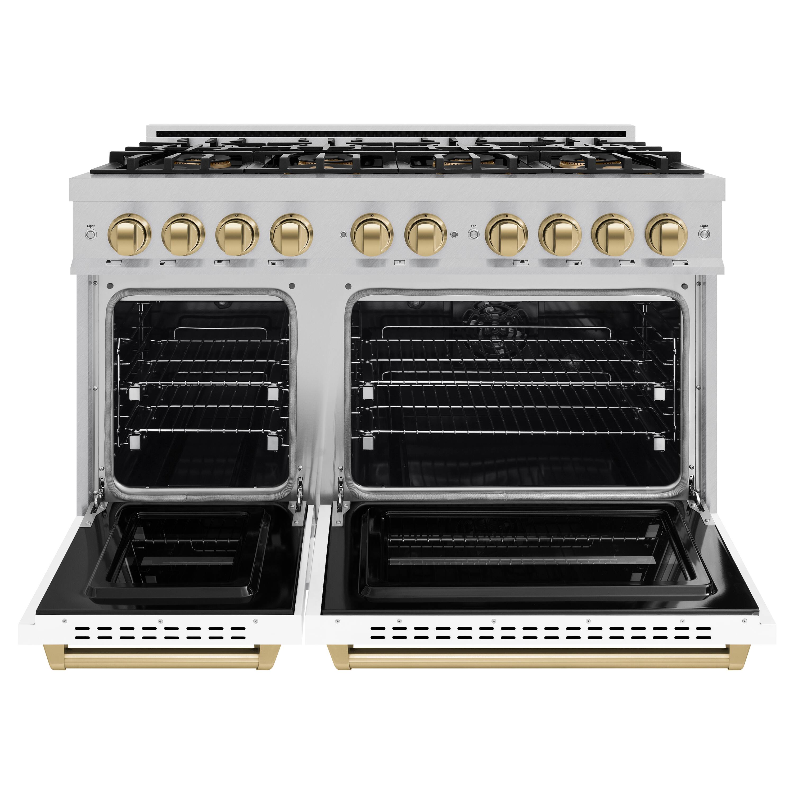 Angle. ZLINE - Autograph 48 in. 6.7 cu. ft. Classic Freestanding DuoPro Dual Fuel Range in Satin Steel with White & Bronze Accents - White Matte.