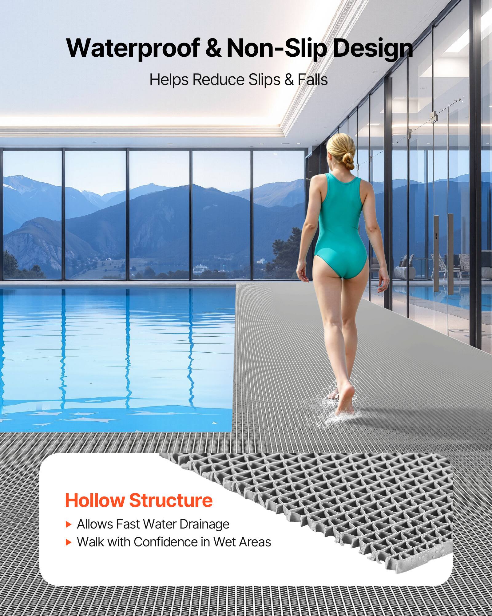 Waterproof & Non-Slip Design  
Helps Reduce Slips & Falls  

Hollow Structure  
Allows Fast Water Drainage  
Walk with Confidence in Wet Areas