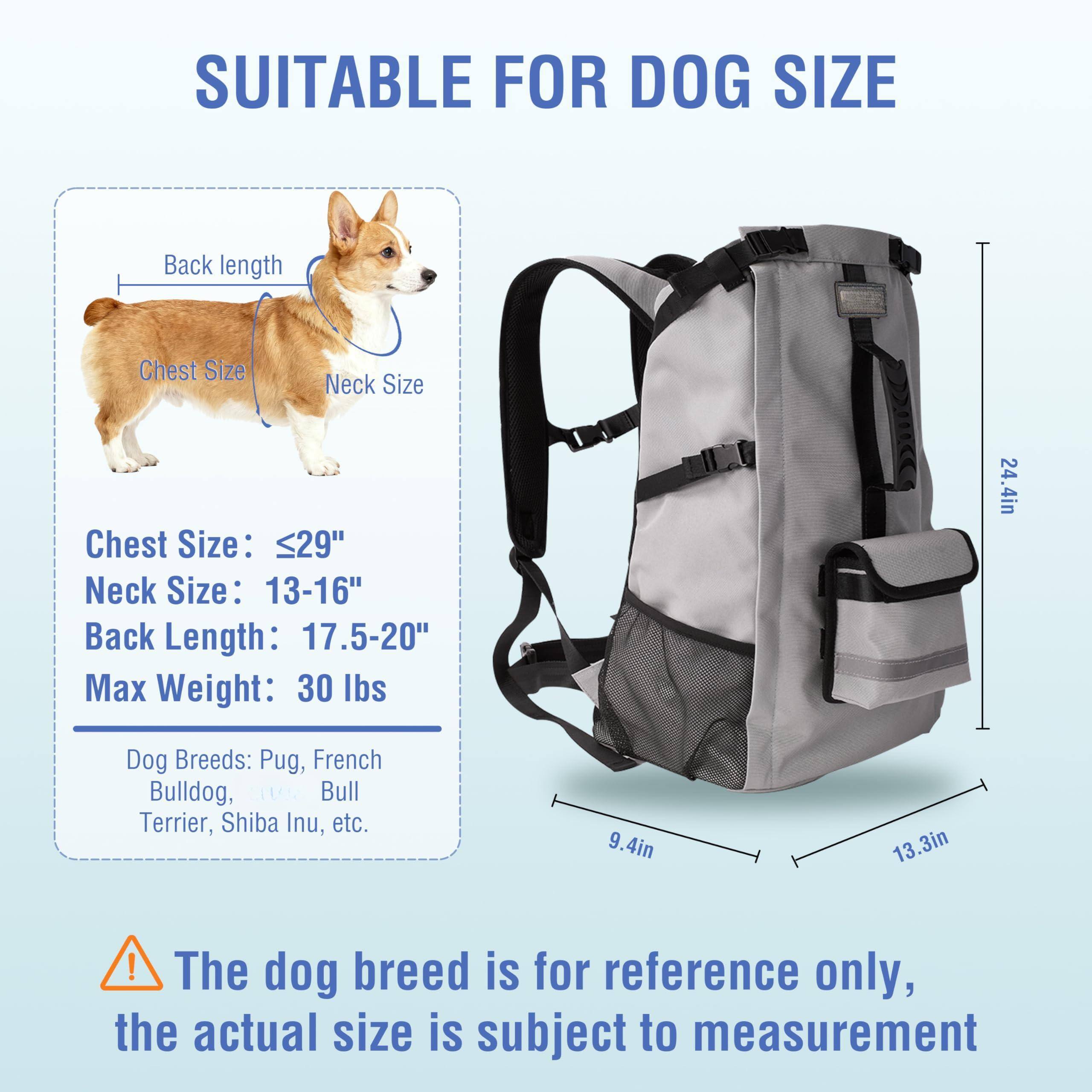 SUITABLE FOR DOG SIZE

Chest Size: ≤29"
Neck Size: 13-16"
Back Length: 17.5-20"
Max Weight: 30 lbs

Dog Breeds: Pug, French Bulldog, Bull Terrier, Shiba Inu, etc.

The dog breed is for reference only, the actual size is subject to measurement