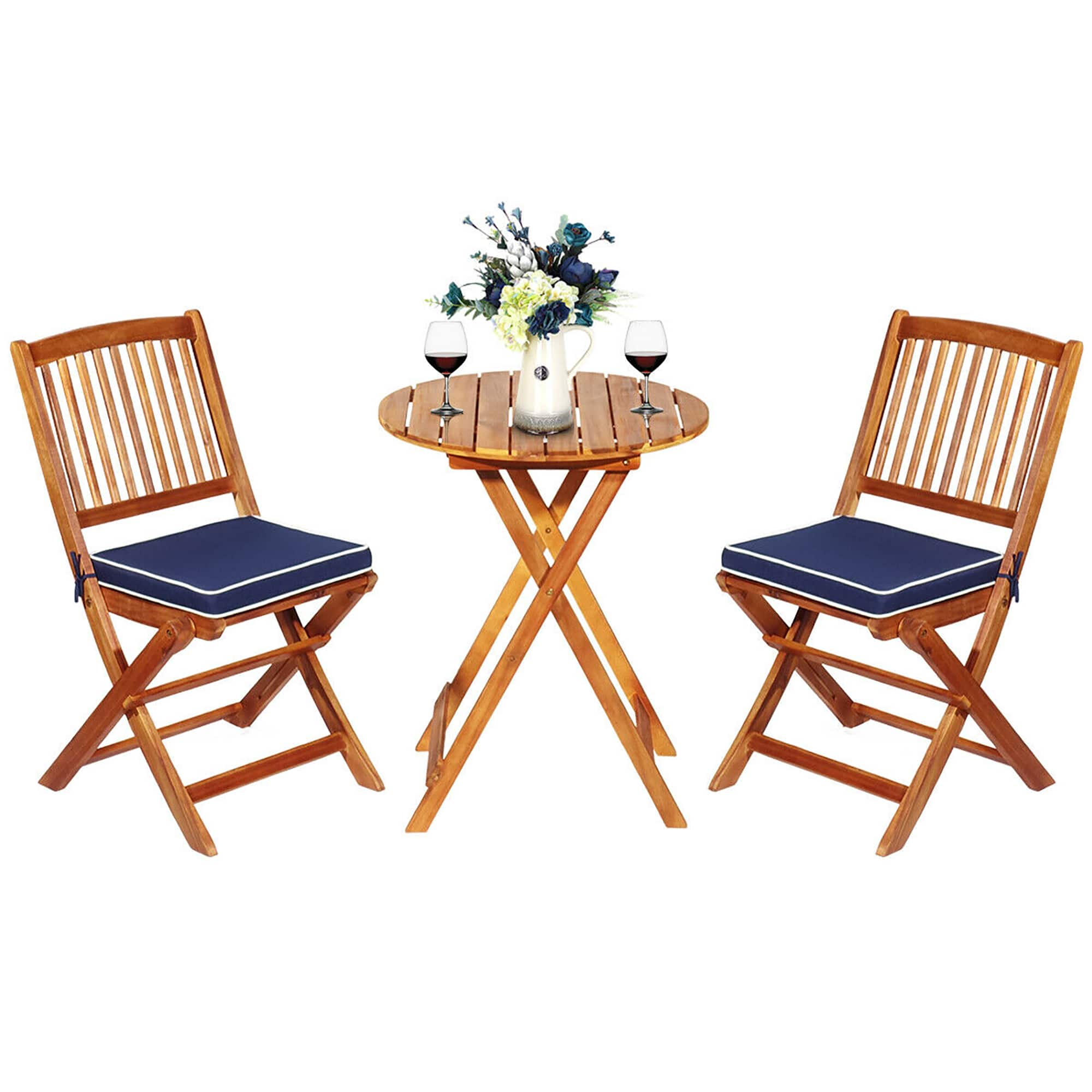 Costway - 3PCS Patio Folding Wooden Bistro Set Cushioned Chair Conversation Cushion - Navy