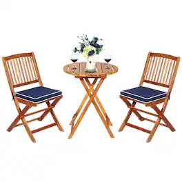 Costway - 3PCS Patio Folding Wooden Bistro Set Cushioned Chair Conversation Cushion - Navy