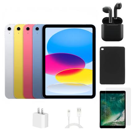 Front. Apple - iPad 10th Gen (WiFi + Cellular Unlocked) 64GB w/ Case, Wireless Earbuds,Tempered Glass Screen Protector - Silver.