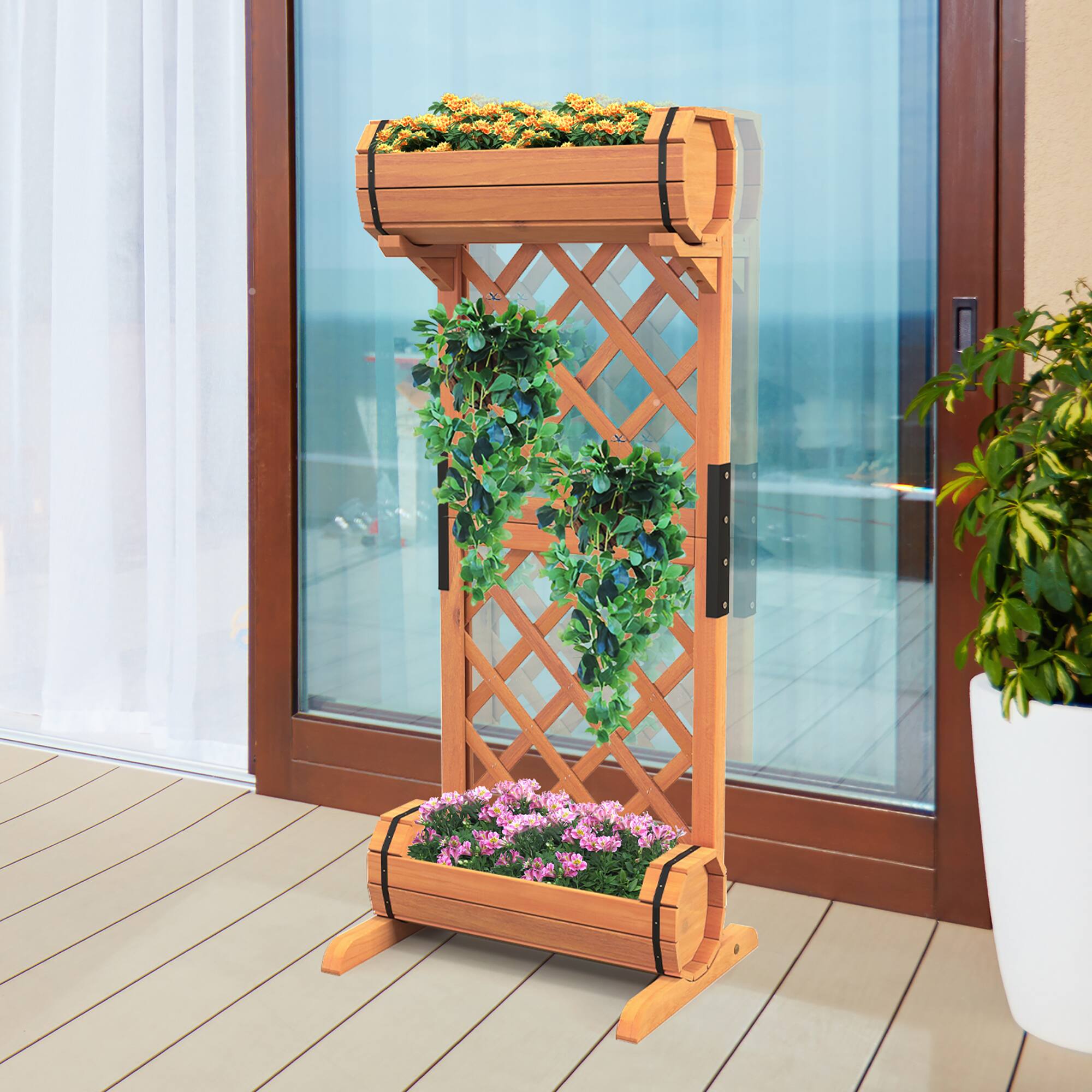 Alt View 4. Gymax - Gymax 2-Tier Raised Planter Garden Wooden Bed w/ 2 Cylindrical Planter Boxes - Orange.