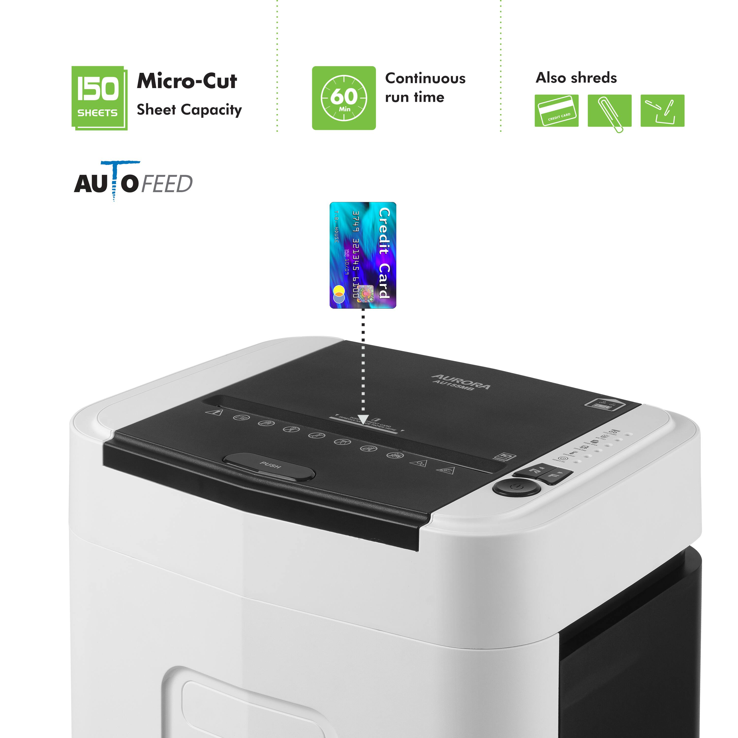 150 Micro-Cut SHEETS Sheet Capacity Continuous 60 run time Min Also shreds - - AU TO FEED 1 : 3 I 3749 BE10/01 ! 200 Credit Card AURORA
