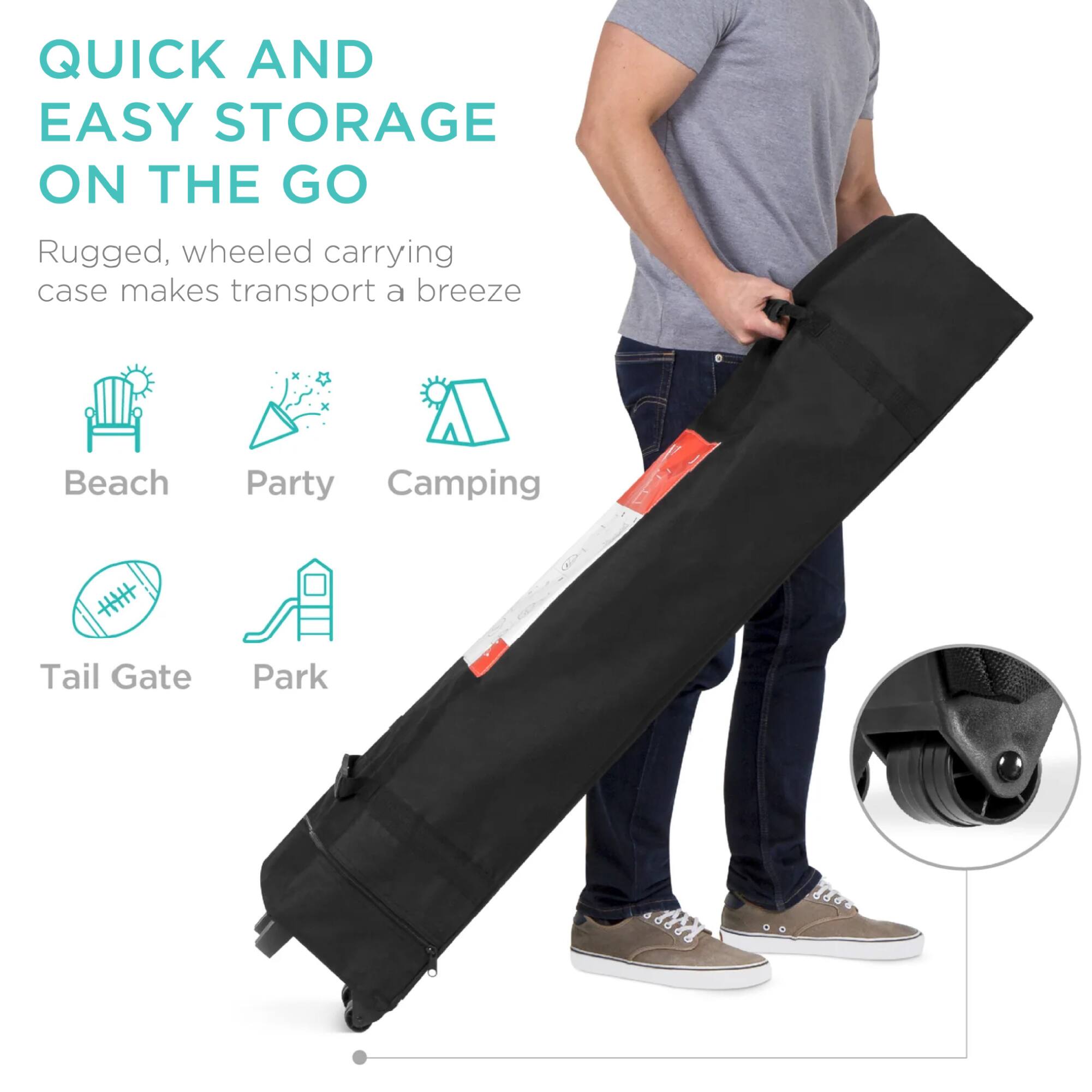 QUICK AND EASY STORAGE ON THE GO  
Rugged, wheeled carrying case makes transport a breeze  

Beach  
Party  
Camping  
Tail Gate  
Park