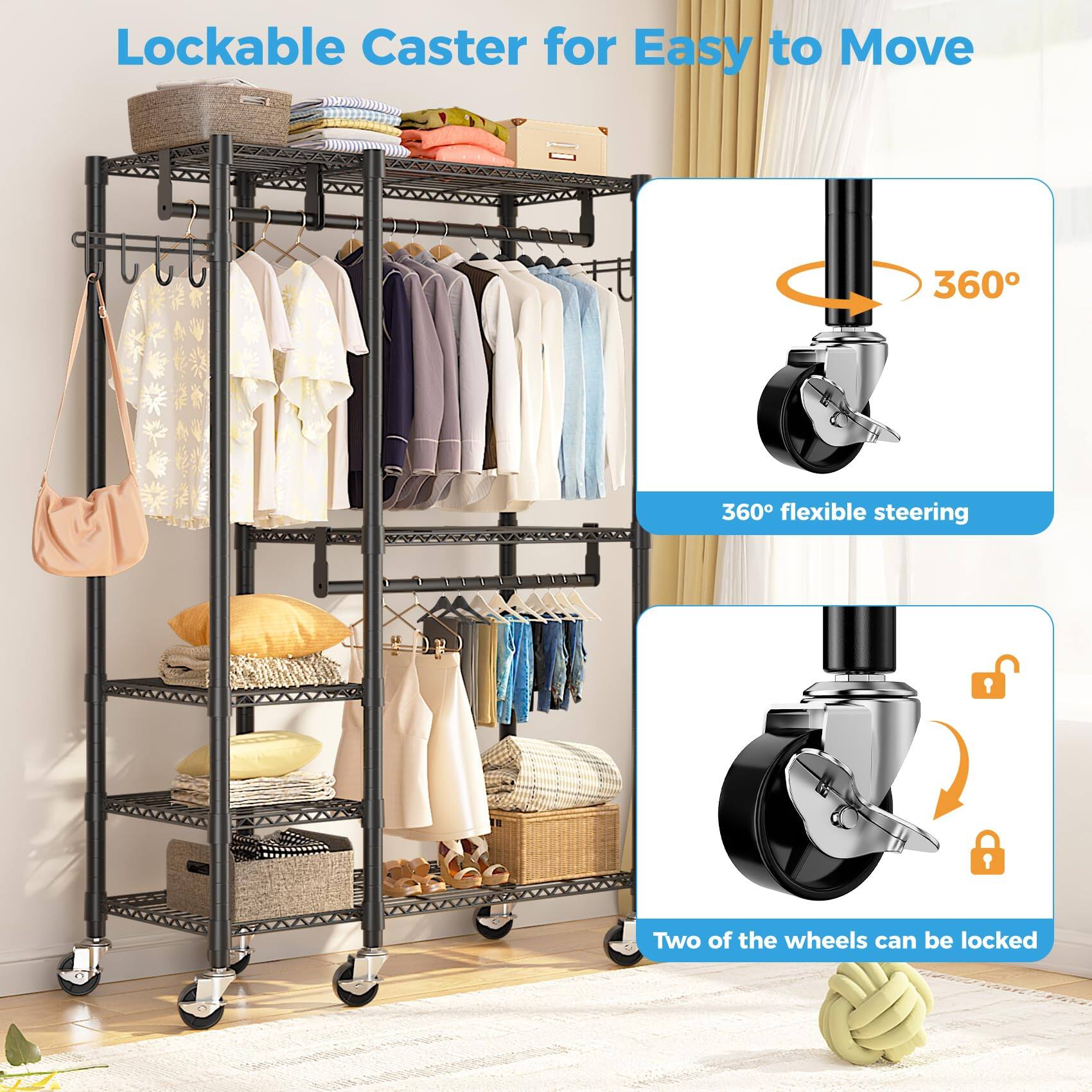 Lockable Caster for Easy to Move

360° flexible steering

Two of the wheels can be locked