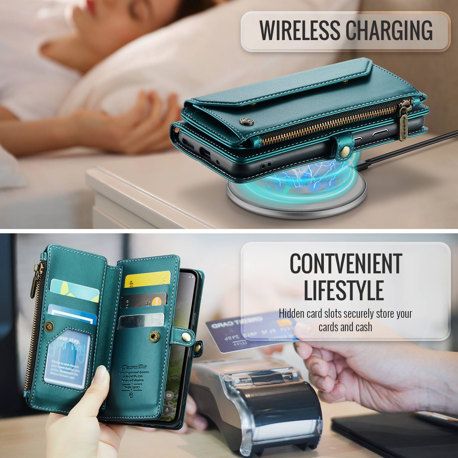 WIRELESS CHARGING

CONVENIENT LIFESTYLE

Hidden card slots securely store your CARD CREDIT 4 PESI cards and cash