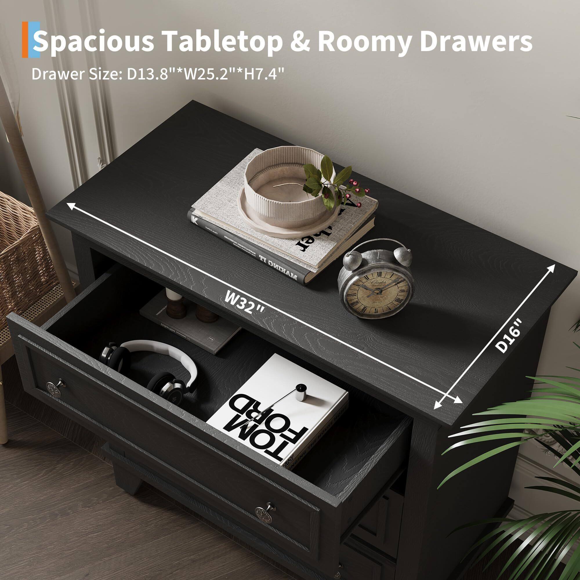 Alt View 4. Acekool - 3 Drawer Dresser for Bedroom, Wide Chest of Drawers with Vintage Handle - Black.