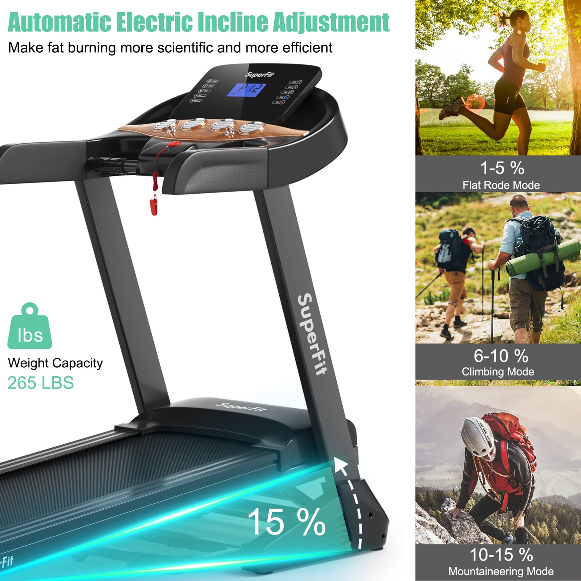Automatic Electric Incline Adjustment  
Make fat burning more scientific and more efficient  

1-5% Flat Rode Mode  
6-10% Climbing Mode  
10-15% Mountaineering Mode  

Weight Capacity: 265 LBS