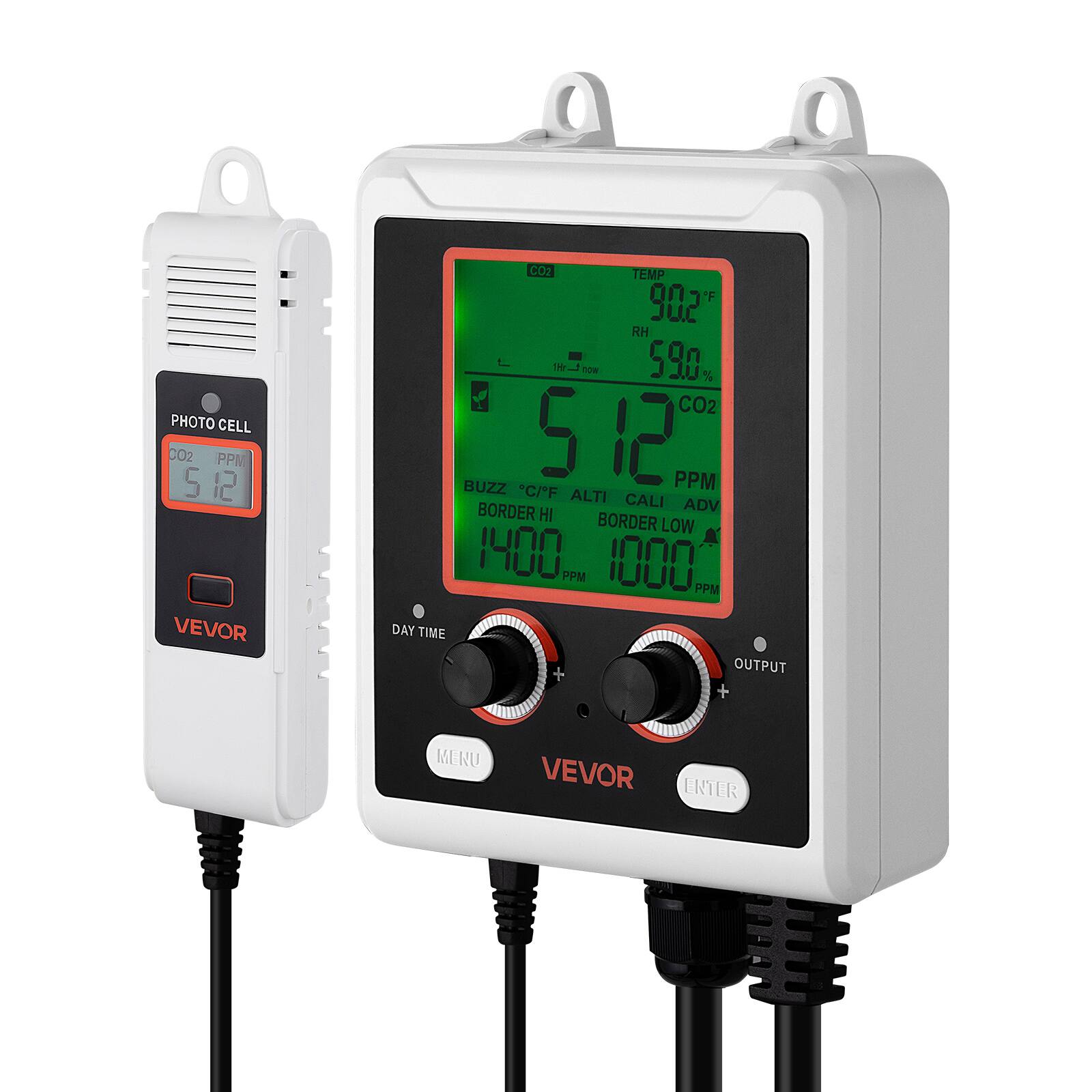 PHOTO CELL  
CO2 PPM S  
12 VEVOR  
CO2 TEMP 90.2°F  
RH 59.0%  
CO2 512 PPM  
BUZZ C/F  
ALTI CALI ADV  
BORDER HI BORDER LOW 1400 PPM 1000 PPM  
DAY TIME + OUTPUT +  
MENU VEVOR ENTER