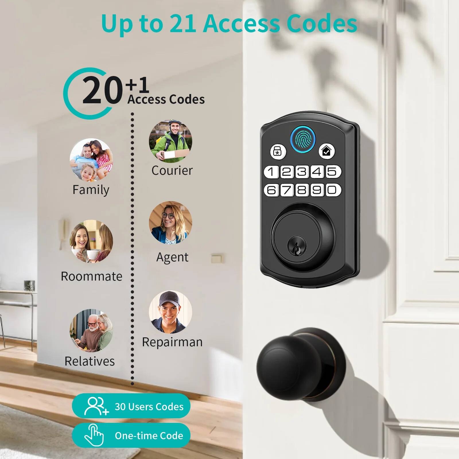 Up to 21 Access Codes

20+1 Access Codes

- Family
- Roommate
- Relatives
- Courier
- Agent
- Repairman

30 Users Codes

One-time Code