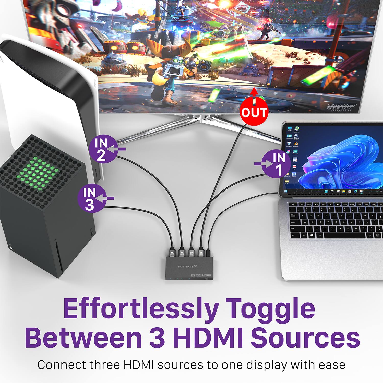Effortlessly Toggle Between 3 HDMI Sources  
Connect three HDMI sources to one display with ease