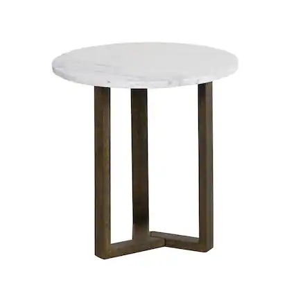 Front. Manhattan Lane - Fina Side End Table, 20 Inch Round White Genuine Marble Top, Natural Brown Mango Wood 3 Leg Sled Base - White, Natural Brown.