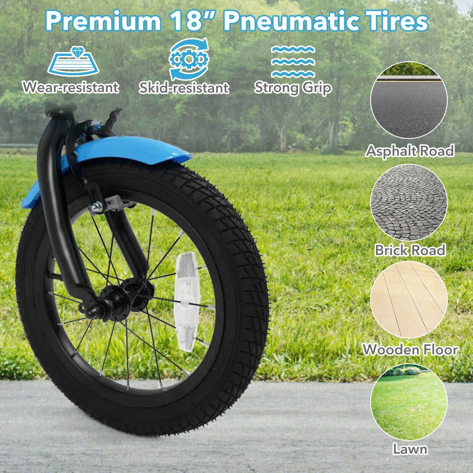 Premium 18" Pneumatic Tires

- Wear-resistant
- Skid-resistant
- Strong Grip

Asphalt Road  
Brick Road  
Wooden Floor  
Lawn