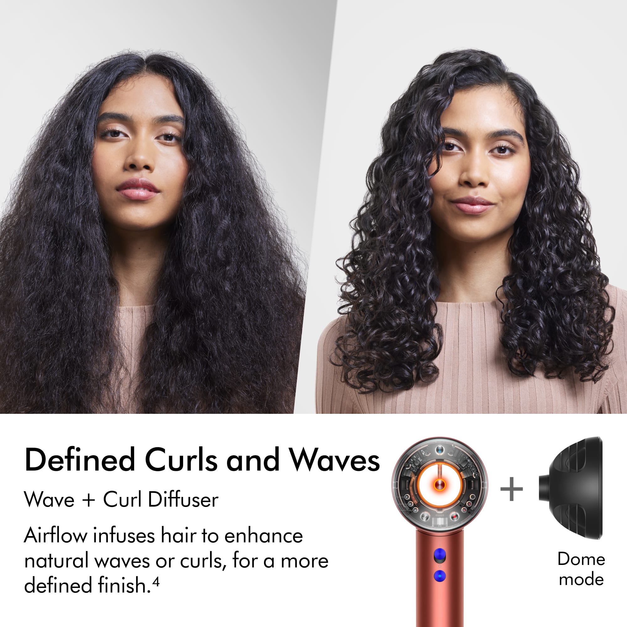 Defined Curls and Waves: Wave + Curl Diffuser + Airflow infuses hair to enhance natural waves or curls, for a more defined finish. 4 Dome mode.