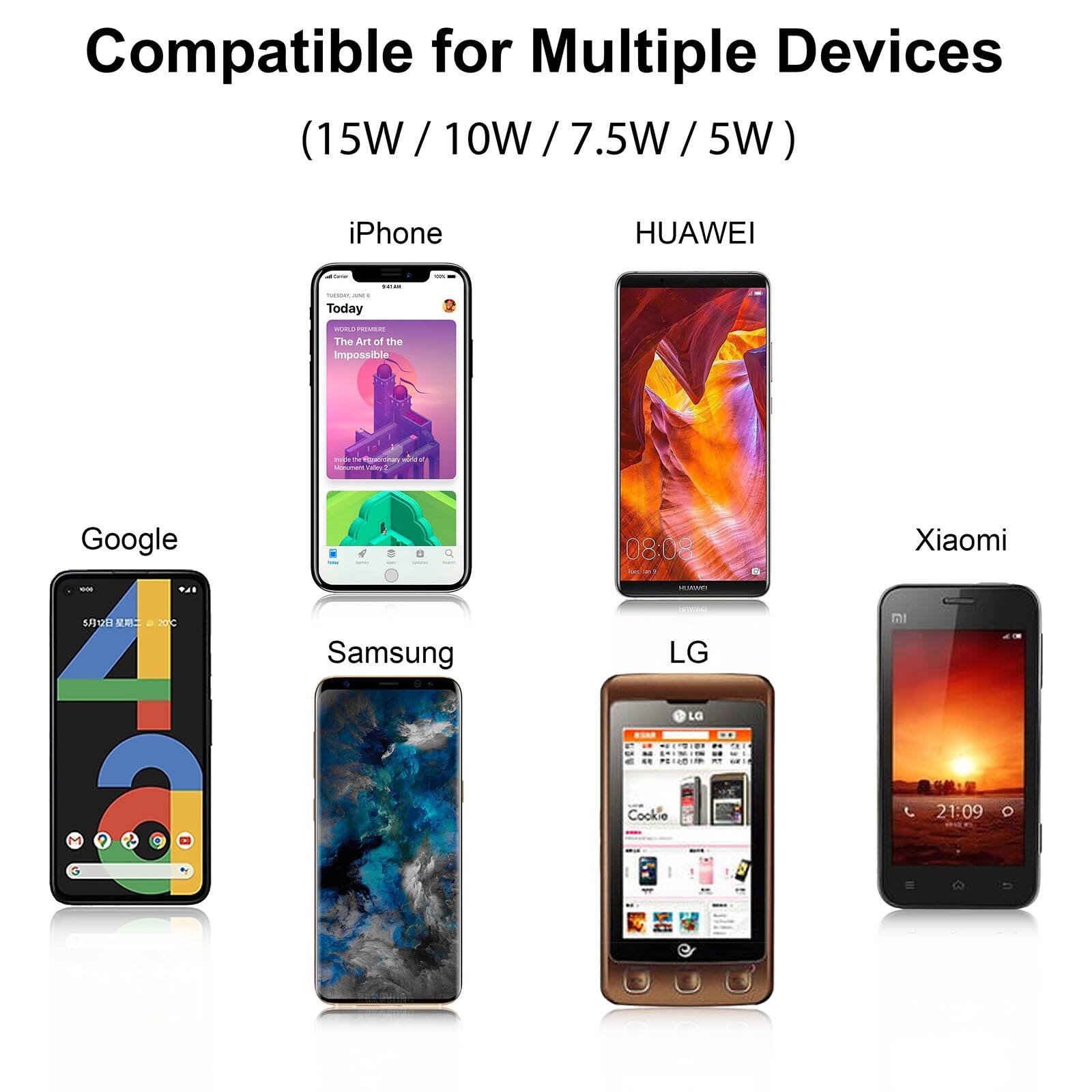 Compatible for Multiple Devices (15W / 10W / 7.5W / 5W)

- iPhone
- HUAWEI
- Google
- Samsung
- Xiaomi
- LG