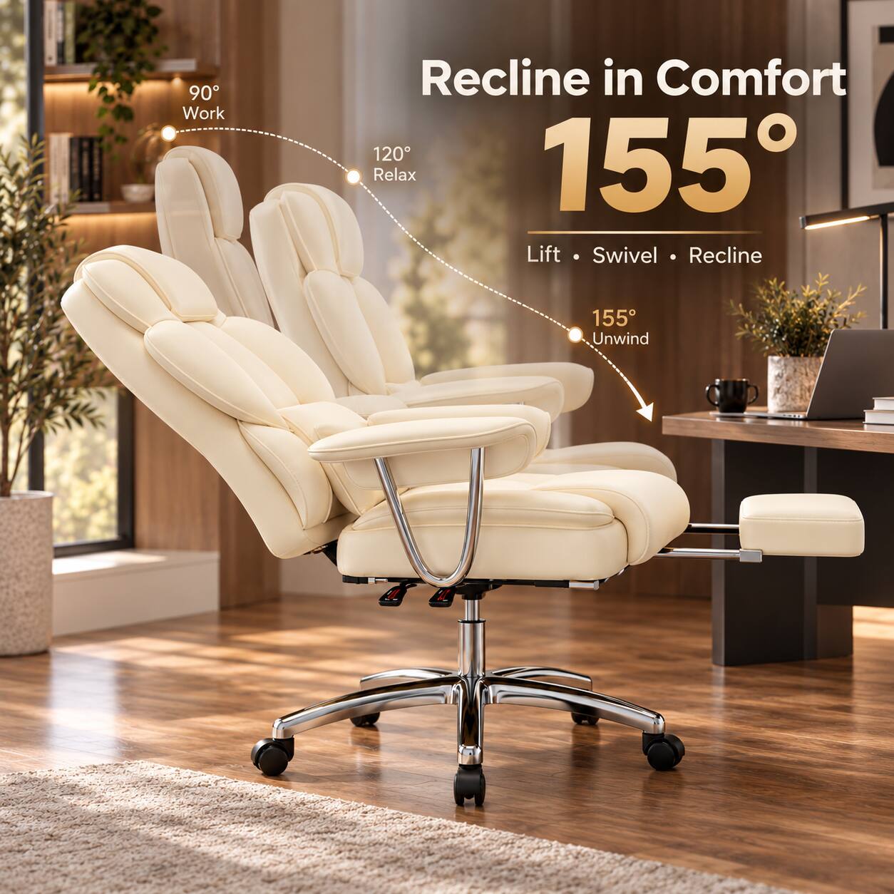 90° Work  
120° Relax  
155° Lift Swivel Recline  
155° Unwind