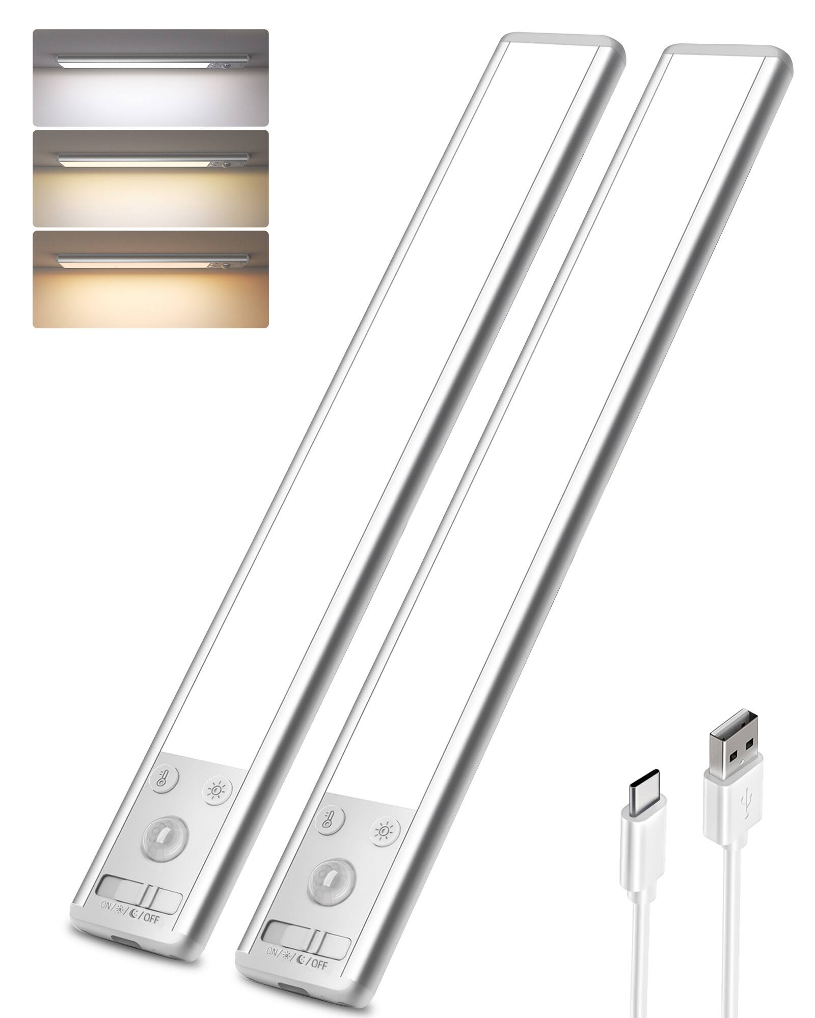 EZVALO - Under Cabinet Lighting Wireless Motion Sensor-3 Color Temps-2 Pack-20 cm-Silver - White