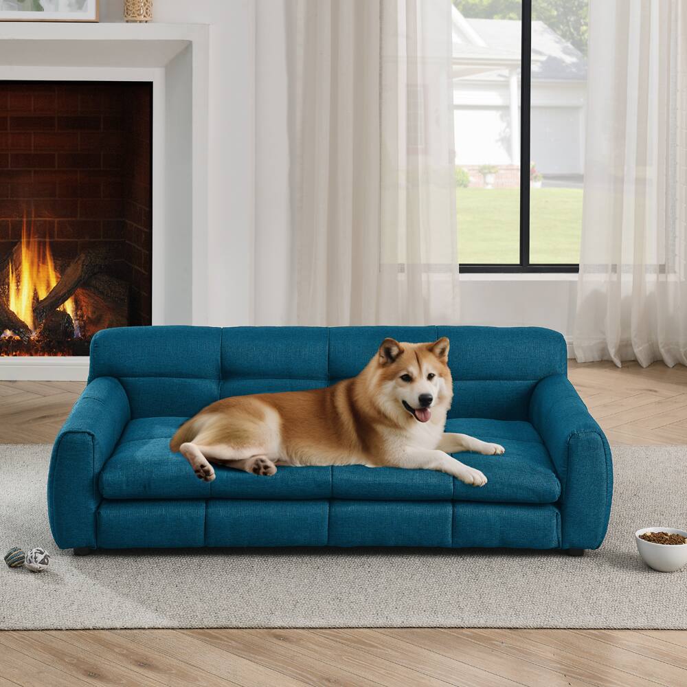 Angle. Siljoy - Dark Blue Linen Pet Sofa for Big Dogs, Elevated Dog Bed with Armrests & Back Support - Dark Blue.