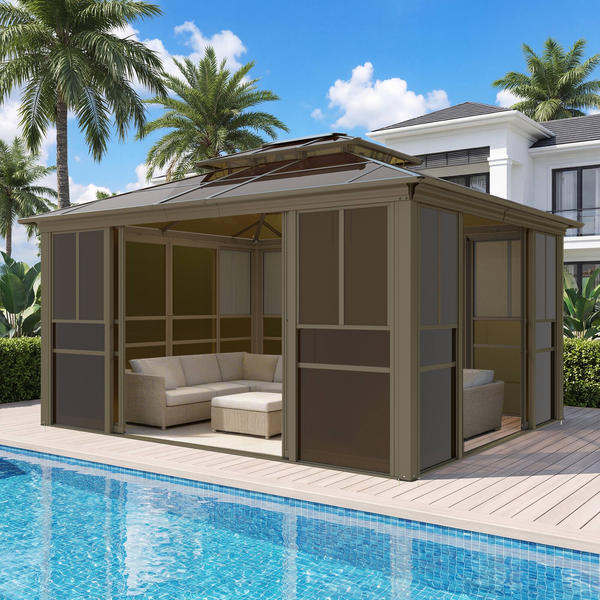 Angle. U-HOMY - Sunroom Gazebo with Double Roof, Adjustable Windows & Lockable Sliding Doors, All-Weather Solarium for Patio - 10' x 12'.