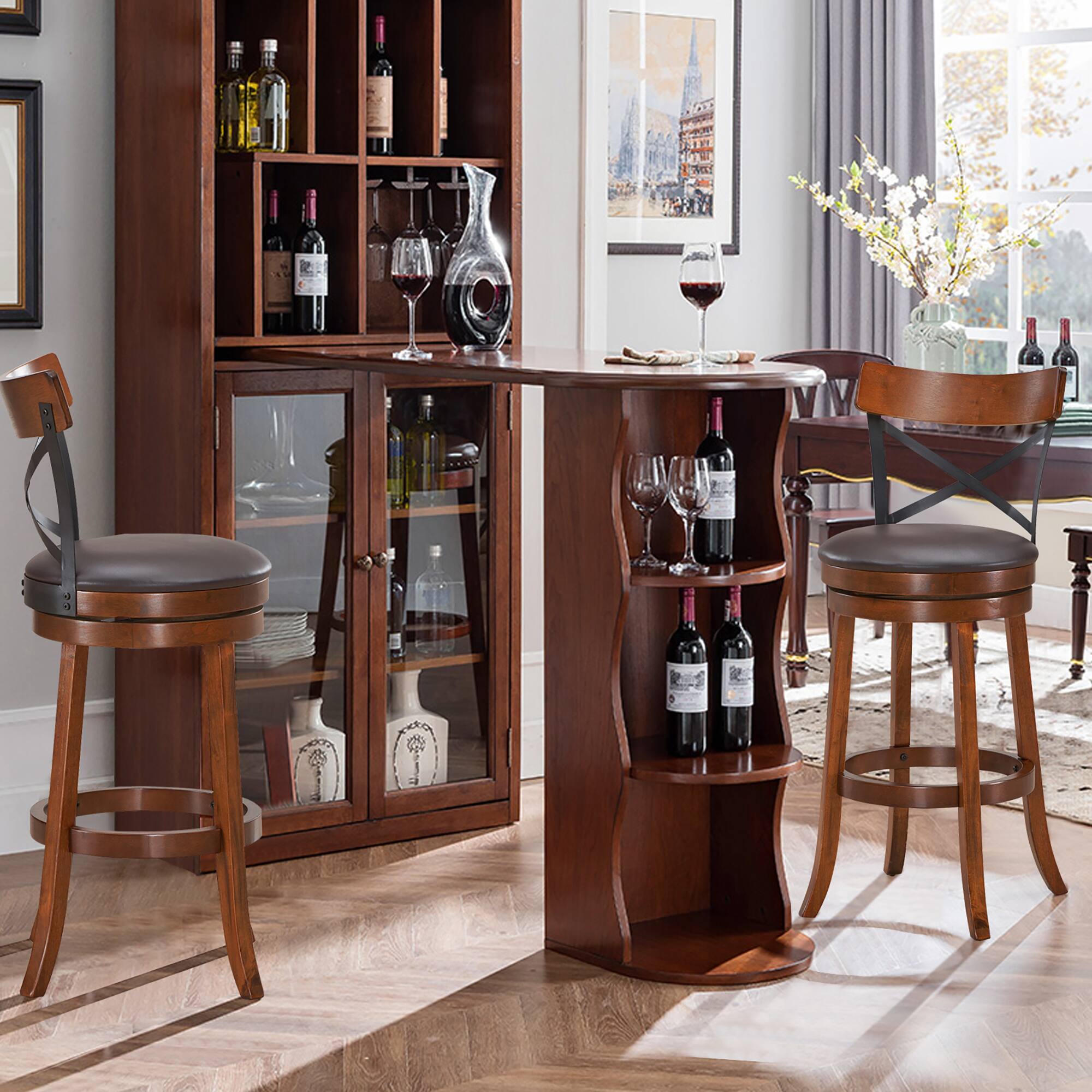 Alt View 1. Costway - Costway Set of 4 Bar Stools Swivel 29.5" Dining Bar Chairs with Rubber Wood Legs - Walnut,Black,Brown.