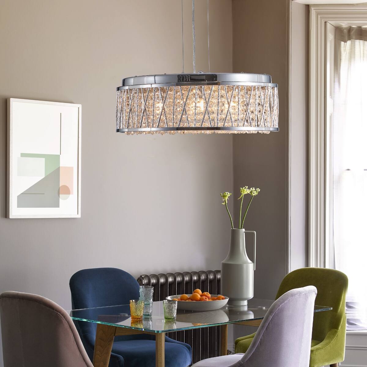 Left. Loheer - Loheer 19 inch modern crystal chandelier, chrome finish round flush mount ceiling light for dining room and kitchen.
