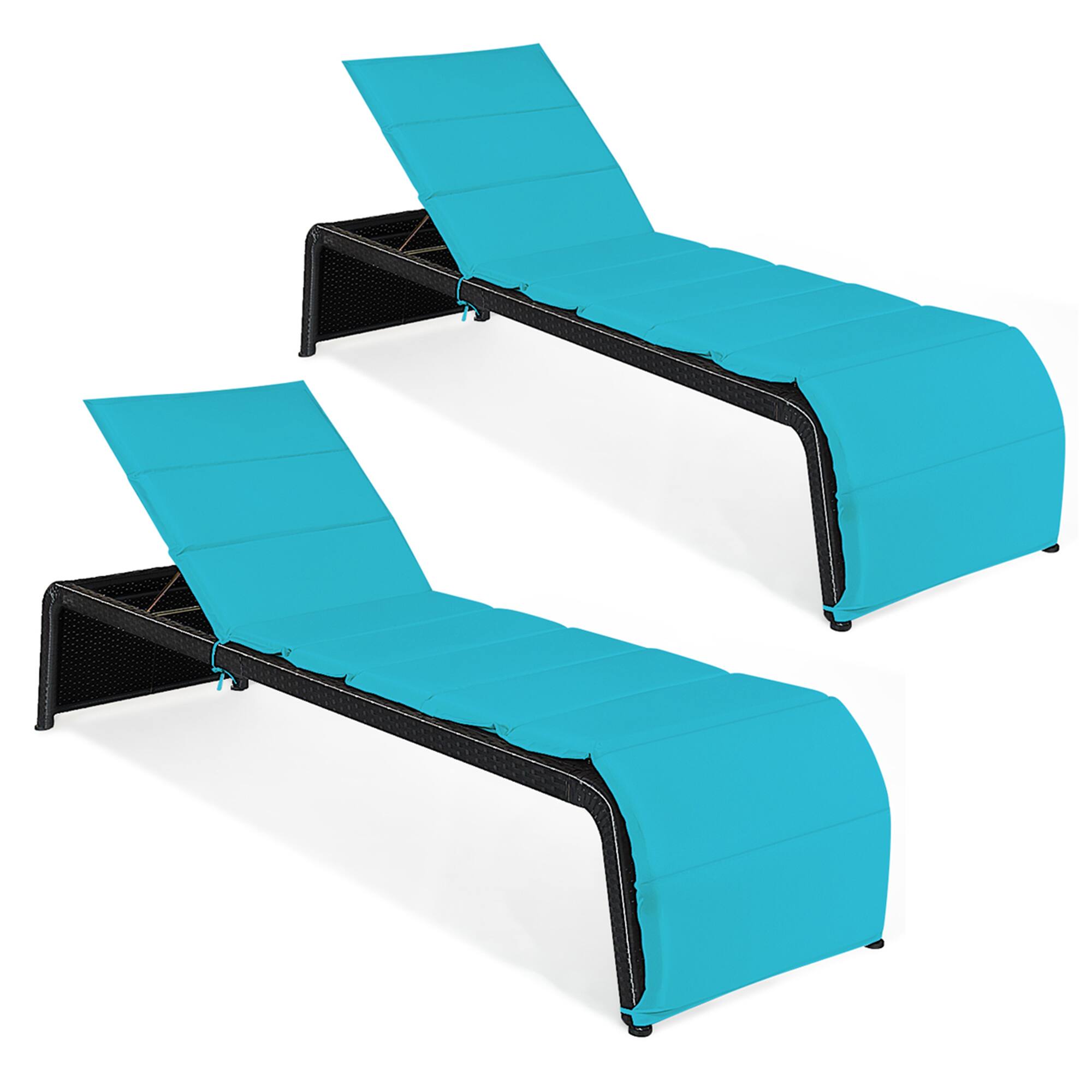 Alt View 1. Gymax - Gymax Set of 2 Adjustable Rattan Patio Recliner Chaise Lounge Chair w/ Turquoise Cushion - Turquoise.
