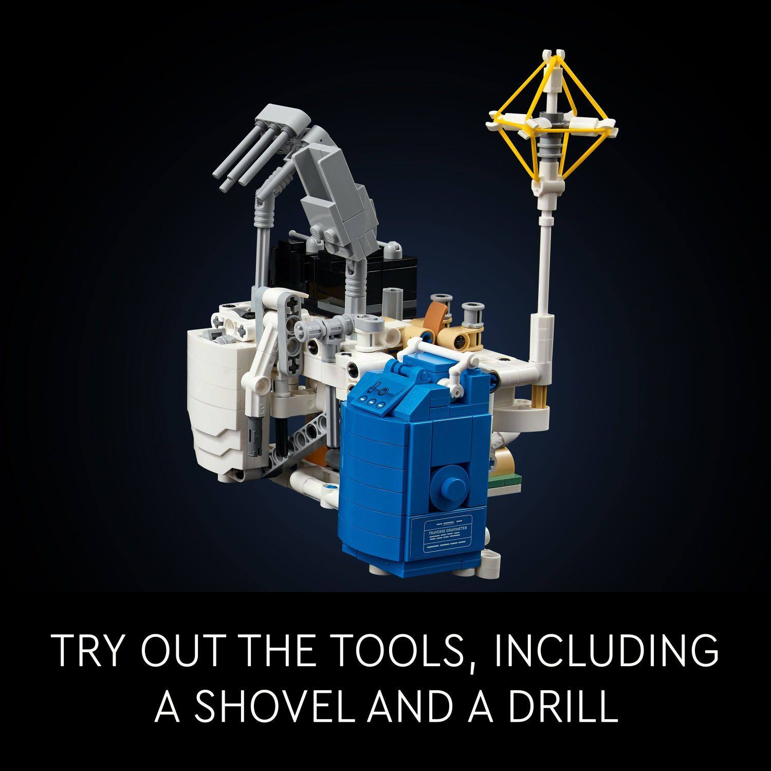 Try out the tools, including a shovel and a drill.
