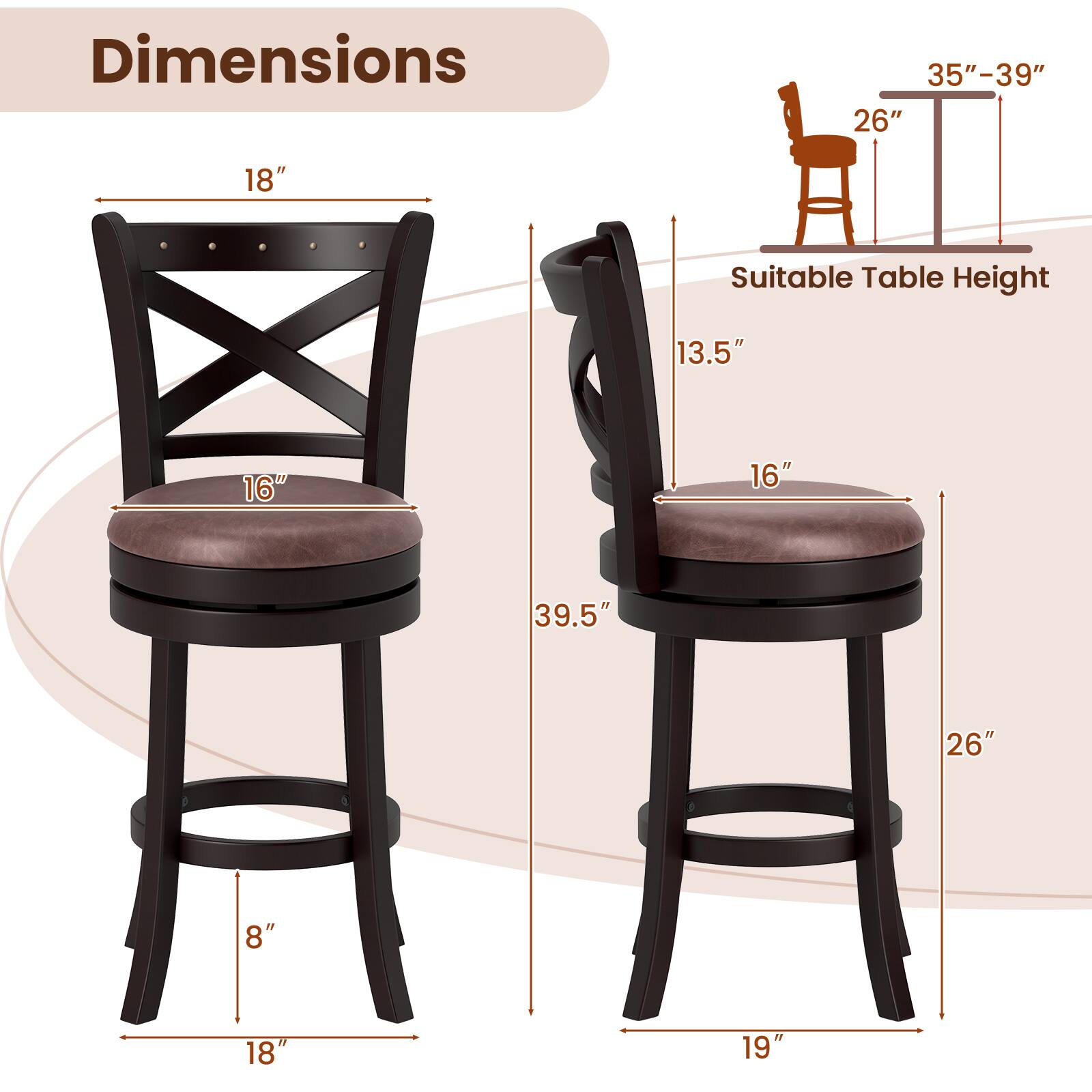 Dimensions: 35"-39", 26", 18"
Suitable Table Height: 13.5", 16", 16", 39.5", 26", 8", 18", 19"